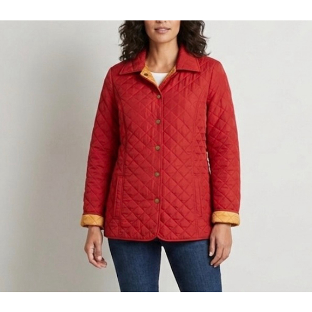 J. JILL Size M Red Diamond Quilted Jacket with Vibrant Orange Lining